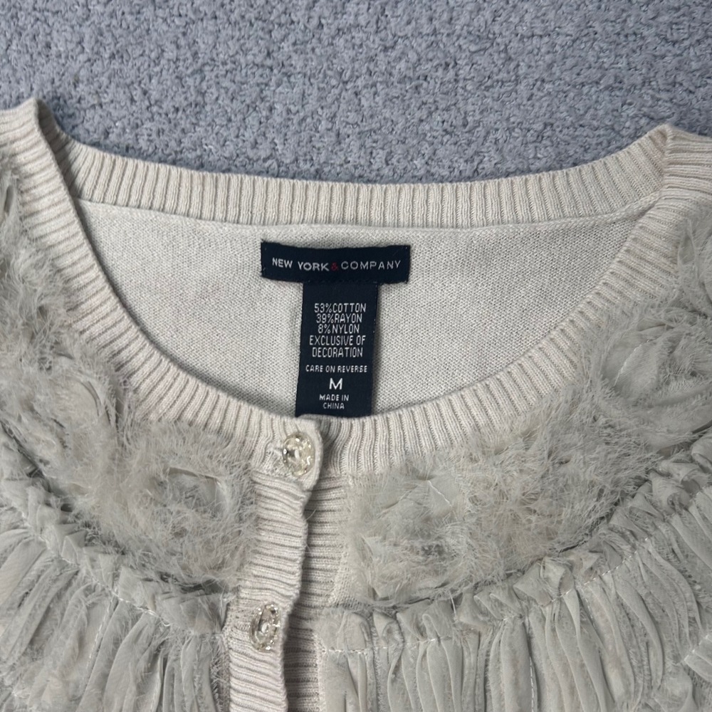 New York & Company Y2K Cardigan Ruffle Trim‎ M Cream Coquette Balletcore Whimsy - Picture 2 of 5